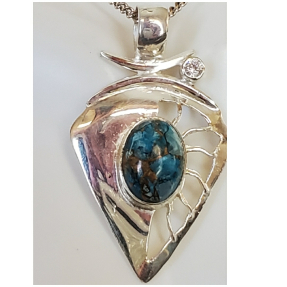Sterling Silver Blue Turquoise Pendant Necklace‎ - Elegant Women's Jewelry